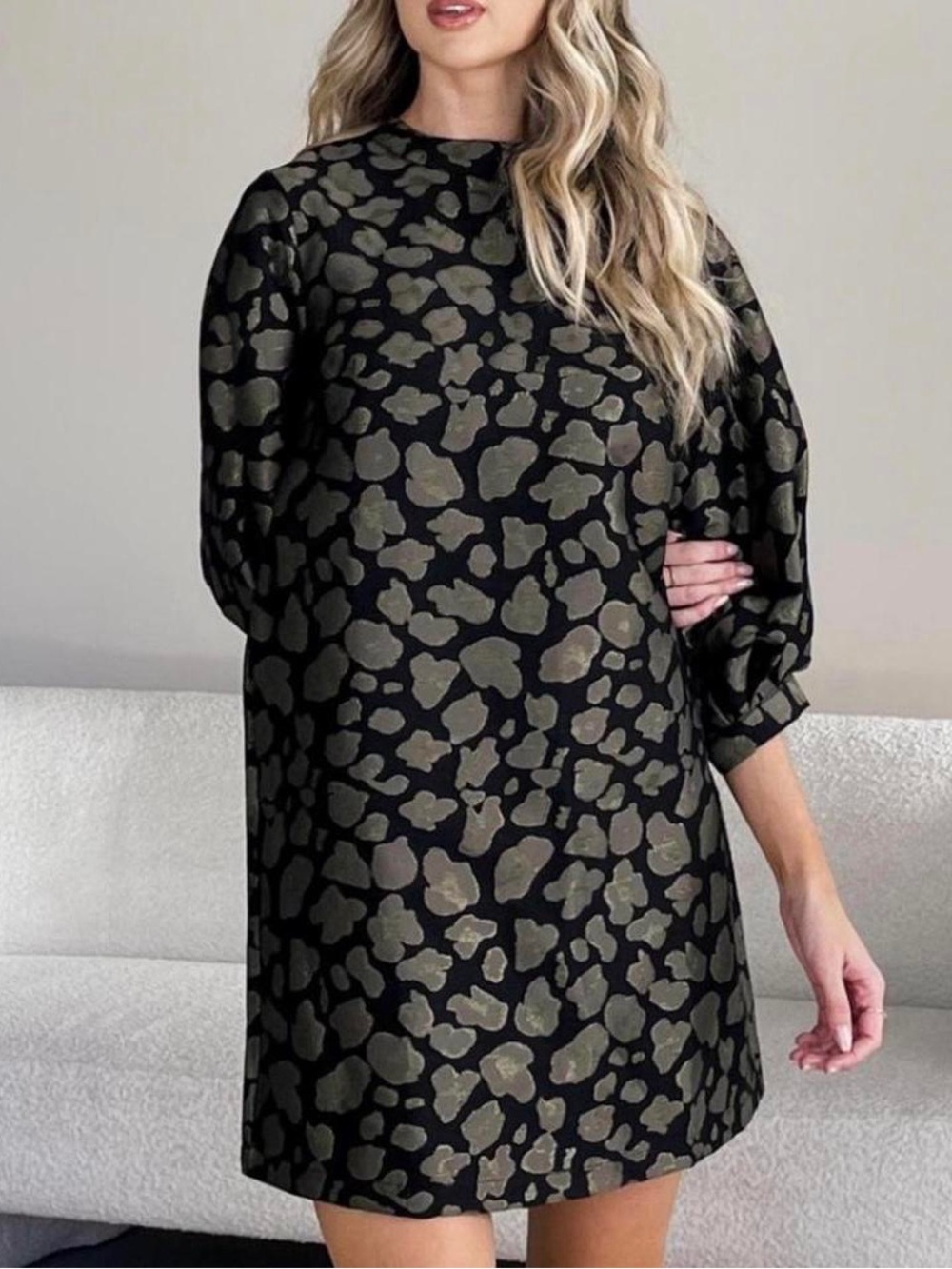 Topshop Black and Olive Patterned Shift Dress - Women